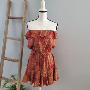 Here Comes The Sun Red Gold Strapless Ruffle Romper Size M